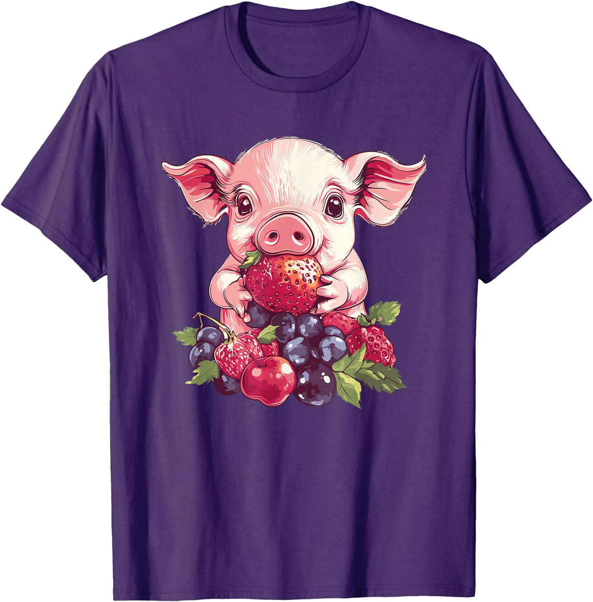 Cute Pig Eating Strawberries And Berries Fun Adorable Pig With Strawberries And Berries T-Shirt - Purple