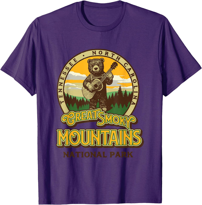 The Thrift Garage Great Smoky Mountains National Park Guitar Bear Cute Smokies T-Shirt - Purple