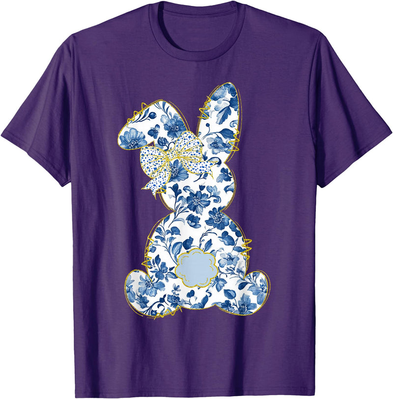 Cute Easter Toile Chinoiserie Blue Floral Bunny Coquette Bow T-Shirt in Purple