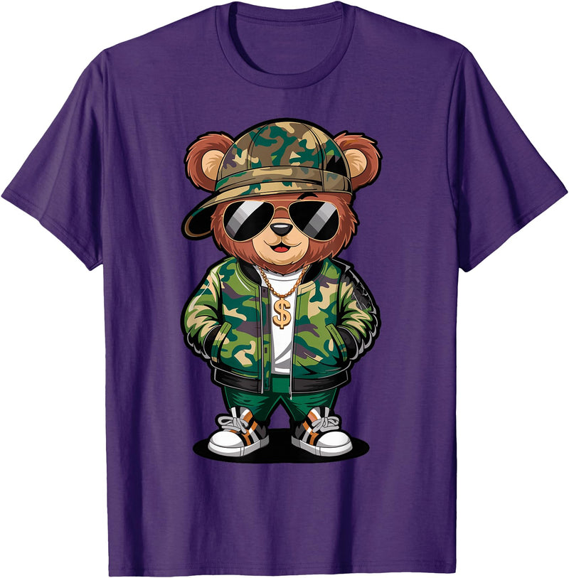 Magical and Funny Teddy Bear Gifts Hip Hop Teddy Bear Camouflage Rap Music T-Shirt - Purple