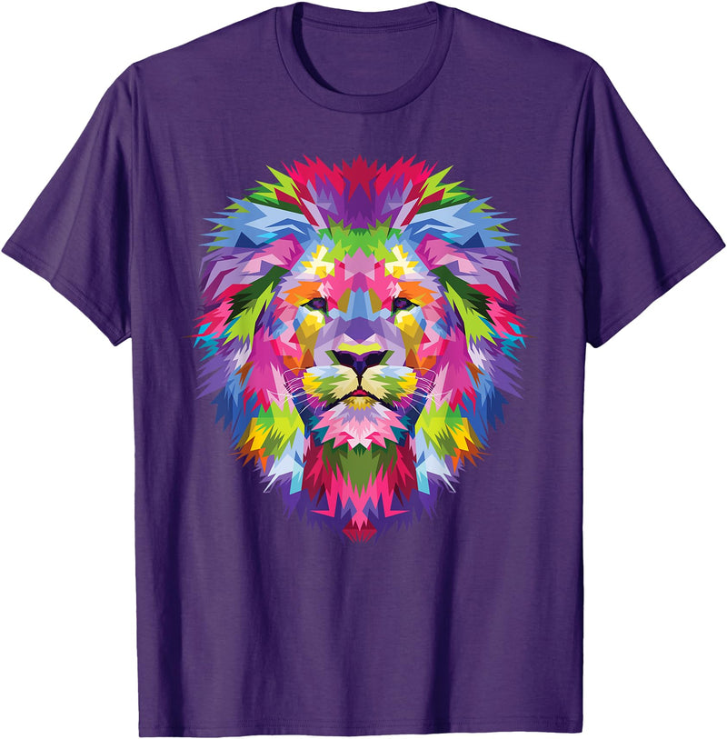 Color Critters Cute Rainbow Lion Head Vibrant Jungle Lion Celebration T-Shirt - Purple