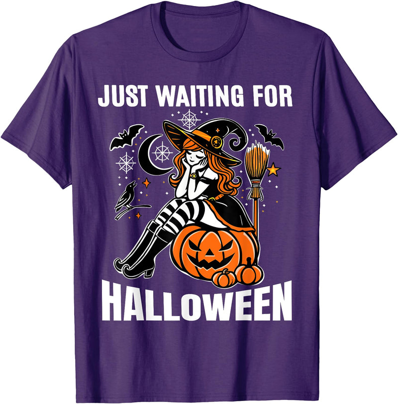 Boo Trick R Treat Halloween Costumes Kids Women Just Waiting on Halloween Witch Halloween Decorations Spooky T-Shirt - Purple