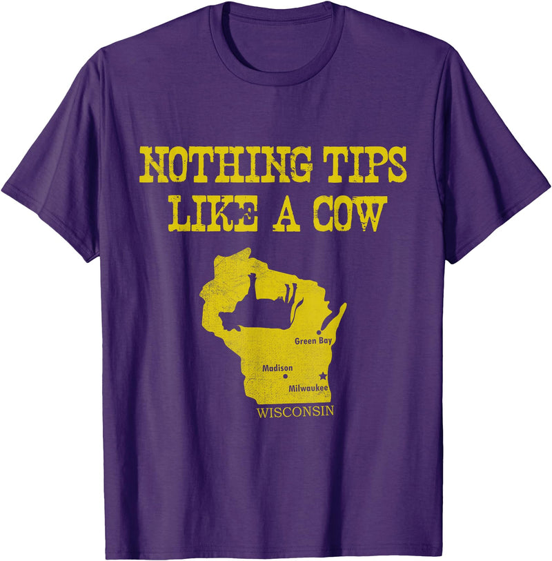Funny Farm Nothing Tips Like A Cow Wisconsin T-Shirt - Unisex-Adults, Green, Small, Short Sleeve, Cotton, Polyester - Purple