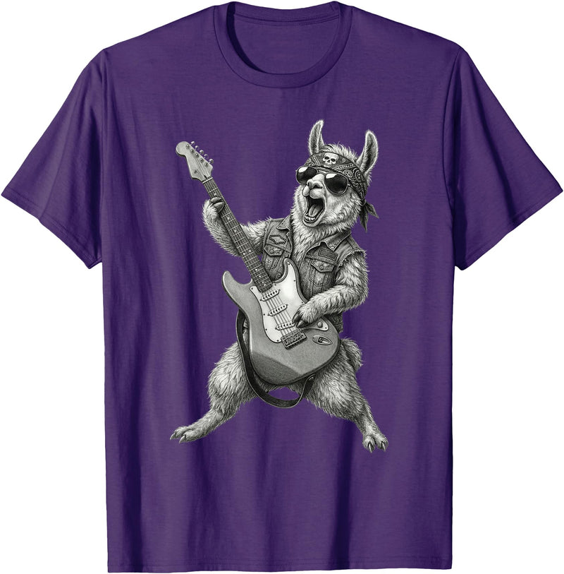 Rock Guitar Llama Stuff Accessories & Gifts Llama Playing Guitar Rock & Roll Llamas Alpaca Rocker Music T-Shirt - Purple