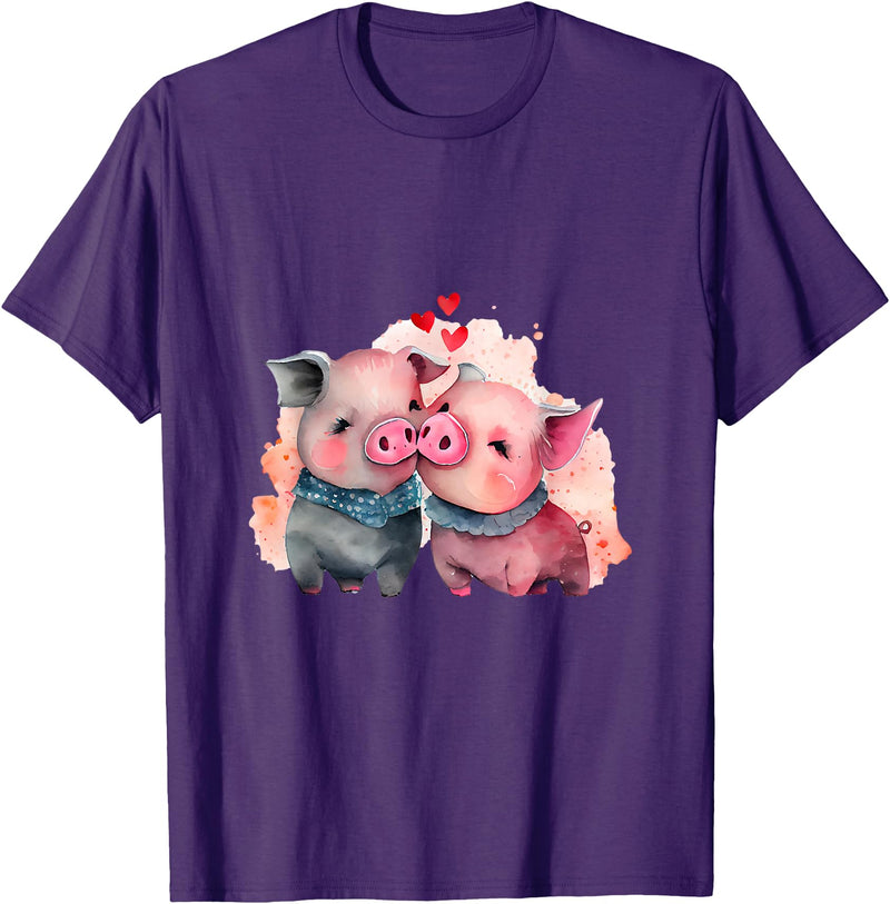 Unique Pig Lover Decor & Apparel Gifts Shop Two Loving Pigs In Love Heart Valentine's Day Pig T-Shirt - Purple