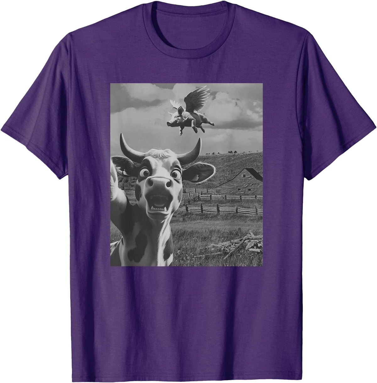 When Pigs Fly Pig Lover Designs Apparel Gifts Cow Selfie With Flying Pigs Fly Funny Gift for Men Women Kid T-Shirt - Purple