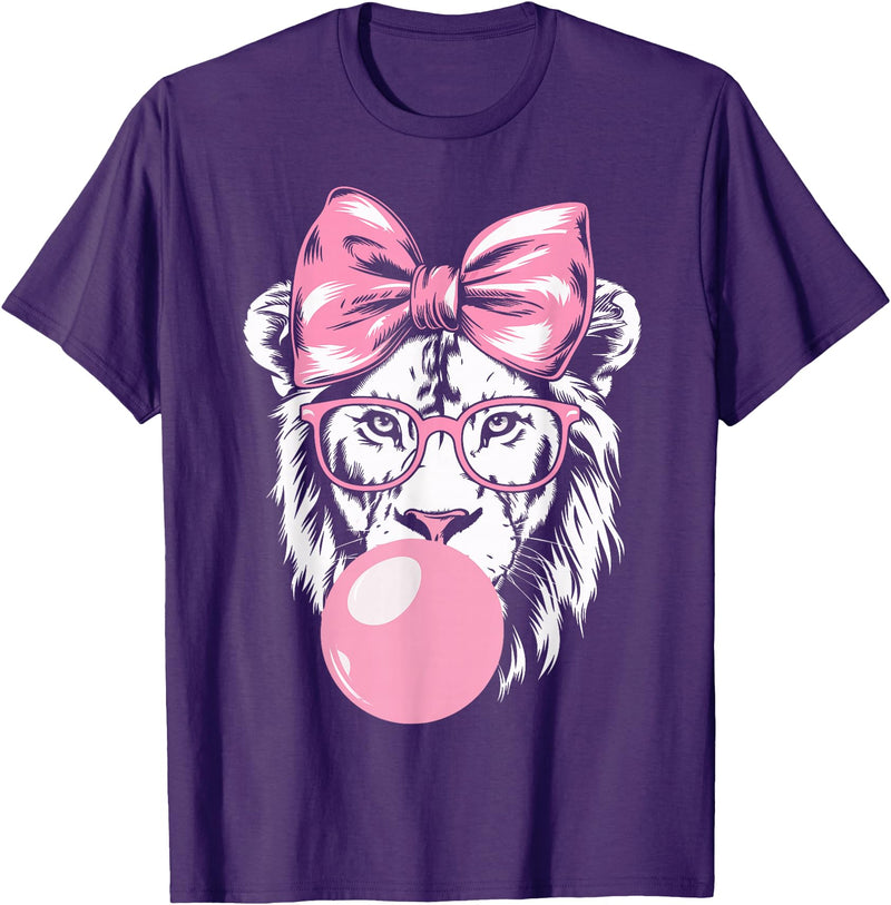 Lion Bubblegum Lion Wearing Glasses and Blowing Pink Bubble Gum T-Shirt - Purple