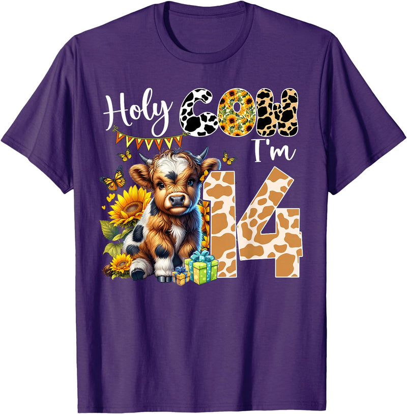 Cute Cow Farm Themed Birthday Girls Family Party Holy Cow I’m 14 Years Old Dairy Cow Sunflowers 14th Birthday T-Shirt -