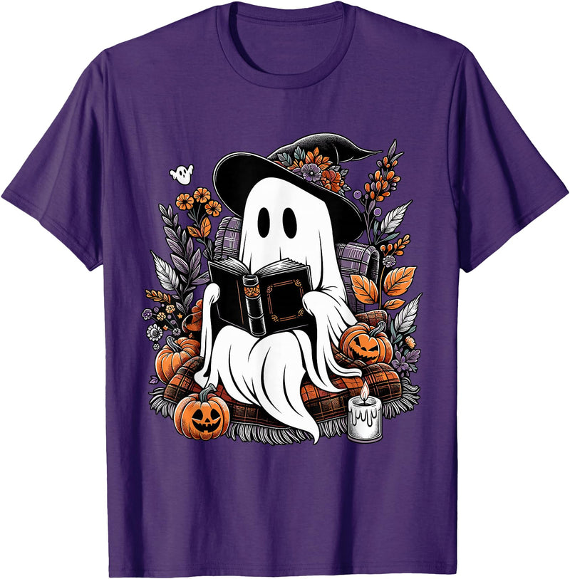 Ghost Spooky Season Teacher Outfit Ghost Reading Books Pumpkin Halloween T-Shirt - Purple