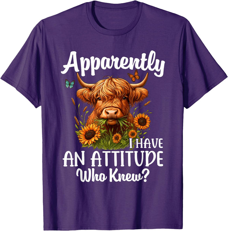 Sarcastic Humor Highland Cow Farm Cow Girls Women Apparently I Have An Attitude Who Knew Sarcasm Highland Cow T-Shirt -