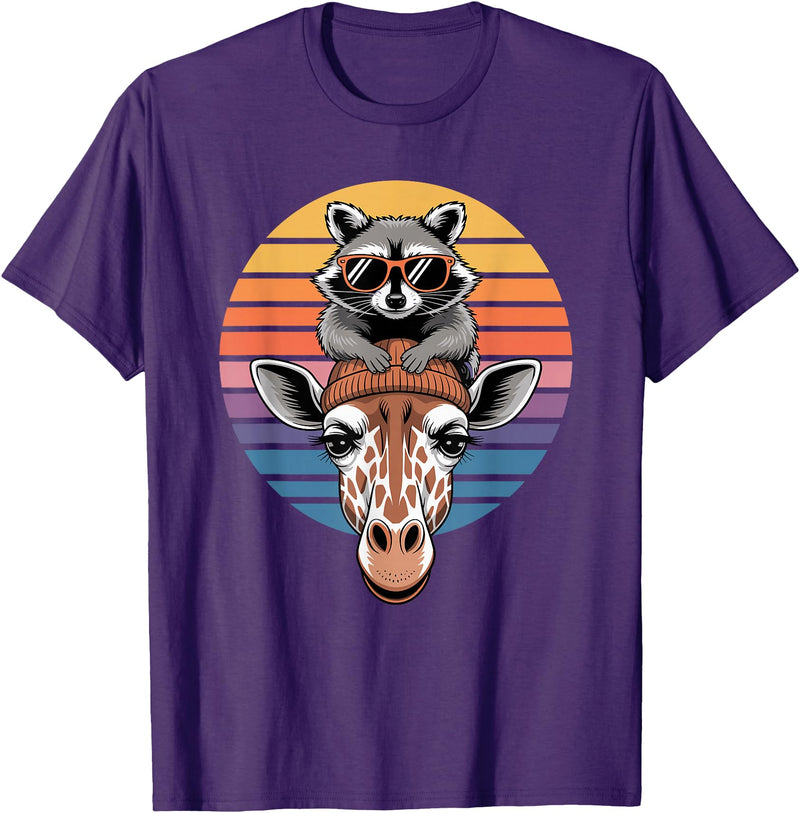 Giraffes Gift For A Giraffe Lover Retro Sunset Giraffe Raccoon Giraffes T-Shirt - Purple