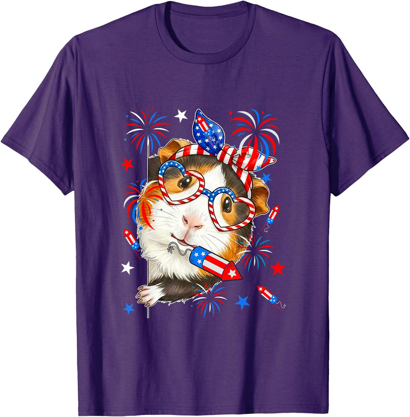 Rodent 4th Of July Costume Guinea Pig Sunglasses US Flag Bow Tie Fireworks 4th July T-Shirt - Purple