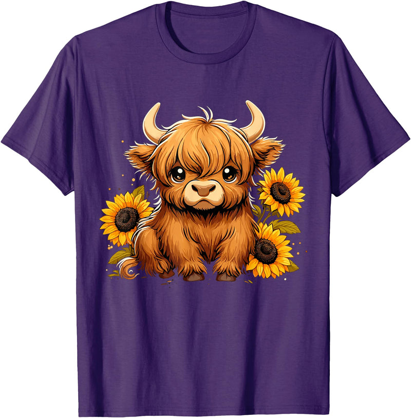 Cute Scottish Highland Cow Sunflower Highland Cow Farm T-Shirt - Purple