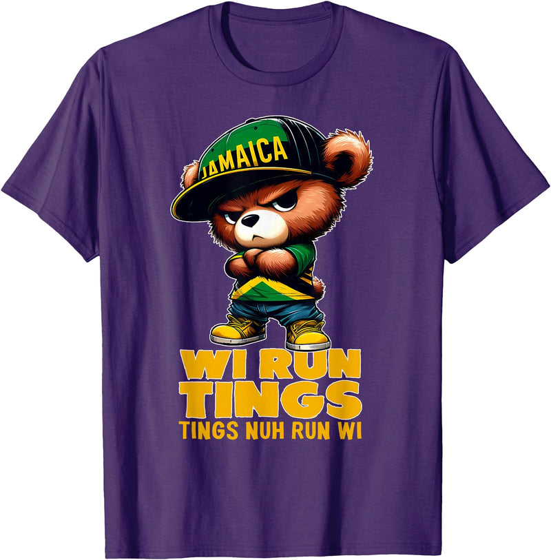 Jamaican Gifts for proud Jamaican Men, Women, Kids WI RUN TINGS Teddy Bear Jamaica Flag Shirt Jamaican Clothing T-Shirt - Purple