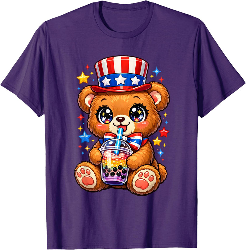 Kawaii Red White and Blue Fourth July Little Kids Cute Teddy Bear Patriotic 4th July Gift Bubble Boba Tea USA T-Shirt - Purple