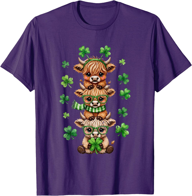 St Patricks Day Highland Cow Lucky Irish Shamrock Funny St Patrick's Day Highland Cow Lucky Shamrock Irish T-Shirt - Purple
