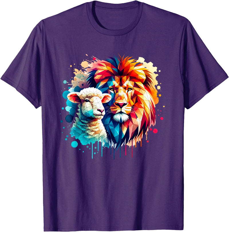 Christian Clothing Lion And Lamb Christian Art Lion And Lamb Geometric Christian Clothing T-Shirt - Purple