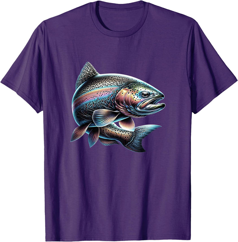 Steelhead Fishing - Unisex Adults & Kids Fishing T-Shirt - Black - Small - Short Sleeve - Cotton & Polyester - Modern Fish Graphic - Crew Neck - Regular Fit - Pull On - Imported - Purple