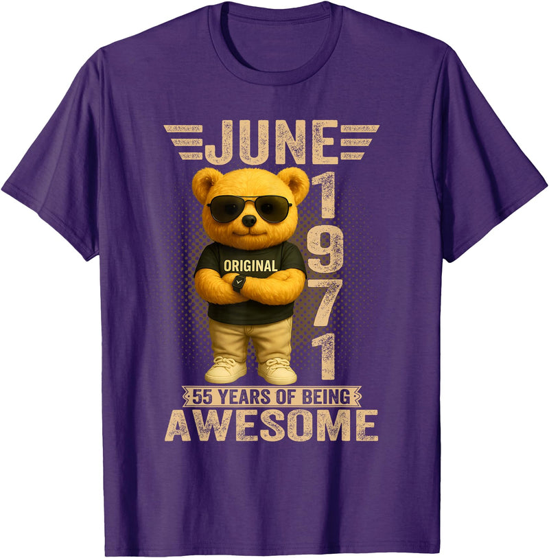 June 1971 55th Birthday Gifts for Men Women 55 Year Old June 1971 Teddy Bear 55th Birthday Men Women T-Shirt - Purple