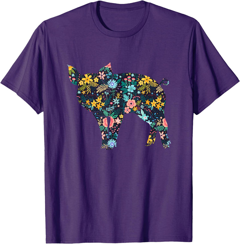 Animal Hog Floral Silhouette Pig Lover Floral Piglet Silhouette Womens Girls Graphic Pig T-Shirt - Purple