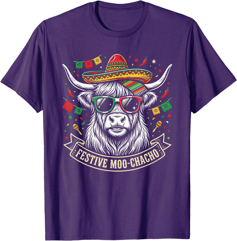 Cinco De Mayo Fiesta Moo Tees Vintage Highland Cow Cinco De Mayo Funny Retro Fiesta Design T-Shirt - Purple