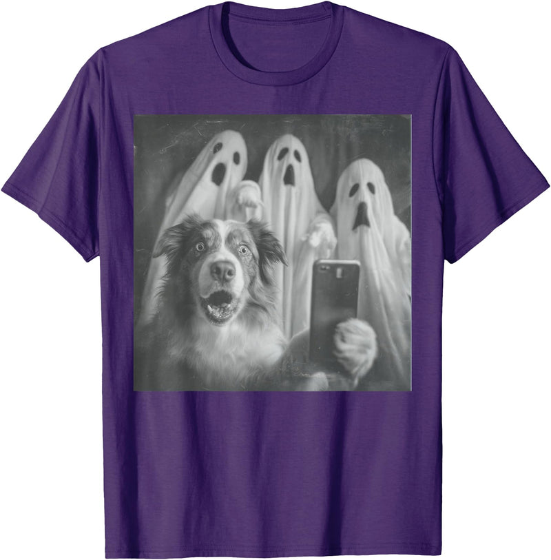 Spooky Aussie Moments Australian Shepherd Selfie Funny Ghost Halloween T-Shirt - Purple