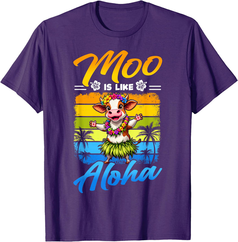 Aloha Animal Hawaii Flower Chain Hula Dance Art Hawaii Animal Haku Lei Grass Skirt Hula Dance Aloha Cow T-Shirt - Purple