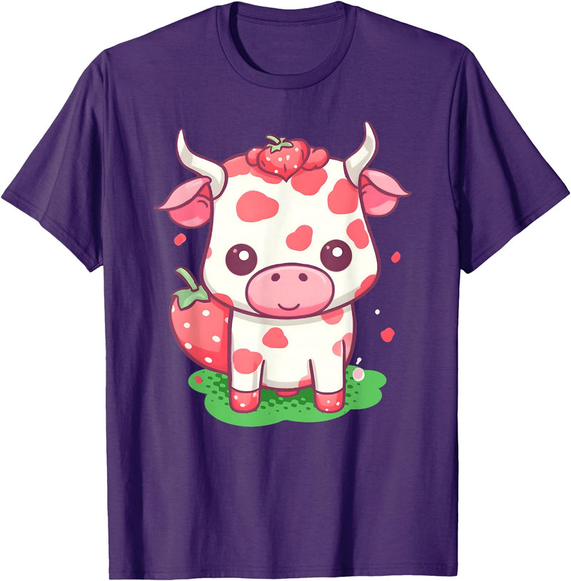 Strawberries Cow Baby Animal Kids Cute Apparel Cow Strawberry Cute Kawaii Pink Pastel Strawberry Milk Farm T-Shirt - Purple
