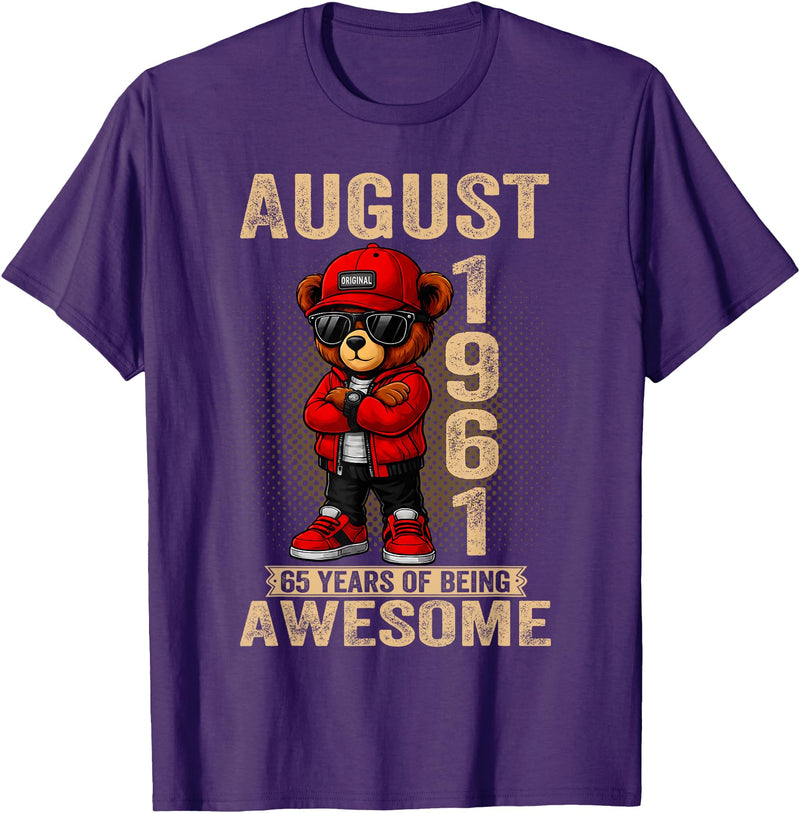 Born in 1961 August 65th Birthday Gifts For Women August 65th Birthday Men Women 1961 Awesome Teddy Bear T-Shirt - Purple