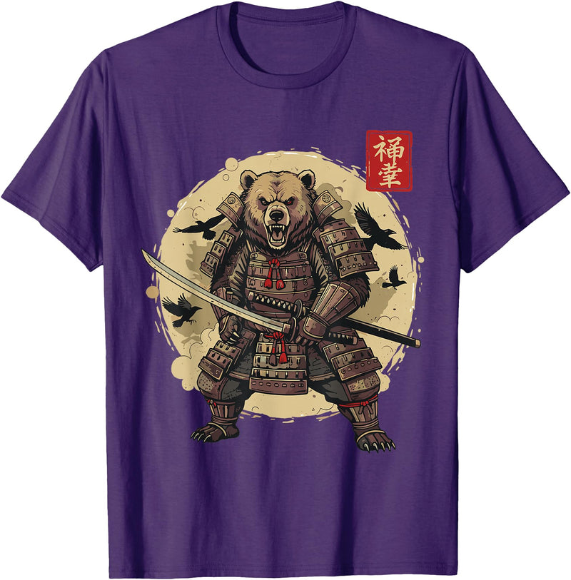Anime Shirts For Men Women Kids Gifts Samurai Bear Shirt Warrior Vintage Graphic Japanese Men T-Shirt - Purple