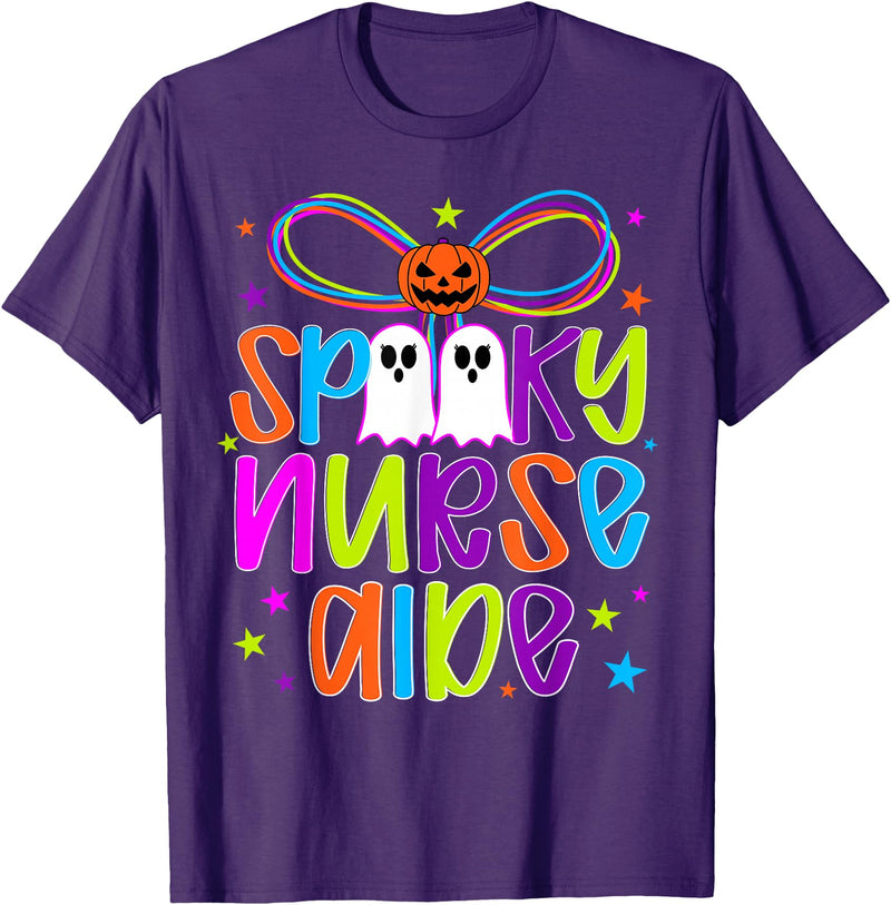 Coquette Halloween Nurse Aide Ghost Spooky Nurse Aide Halloween Nursing Aide Preppy T-Shirt - Purple