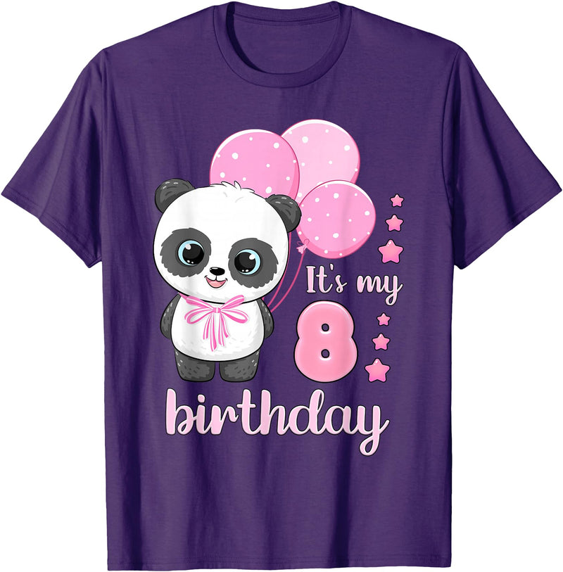 Birthday Gifts for Girls by Content Design Studio Birthday Girl 8 Panda Pink Balloons T-Shirt - Purple