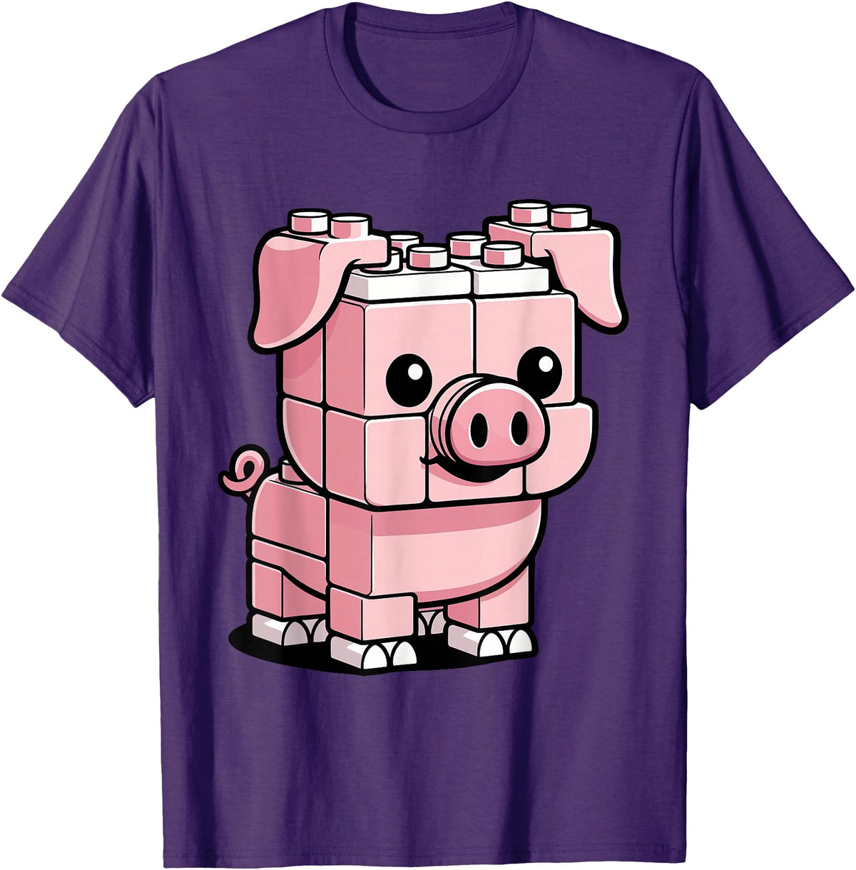 BlockPals DM Funny Pink Brick Pig Building Blocks Farm Animal Character T-Shirt - Purple