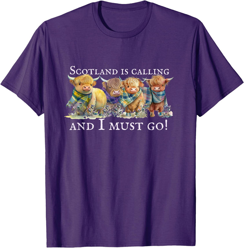 Everystepcounts4us Scottish Coos - Cute Cows Scotland is Calling, Highland Cows, Hairy Coos, Scottish Cow T-Shirt - Purple