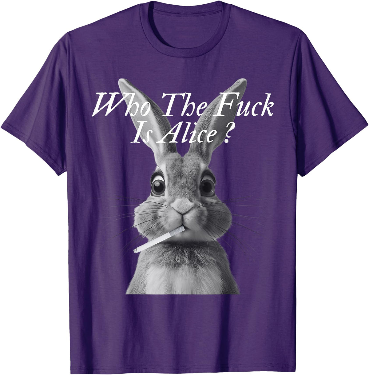 Retro Who the F_ck Is Alice Funny Rabbit T-Shirt in Purple