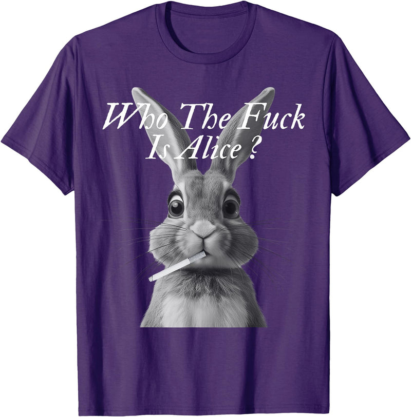 Retro Who the F_ck Is Alice Funny Rabbit T-Shirt in Purple
