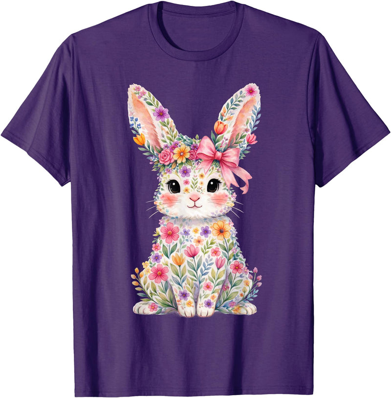 Cute Pink Flower Bunny Rabbit Happy Easter Women Girls T-Shirt in Purple
