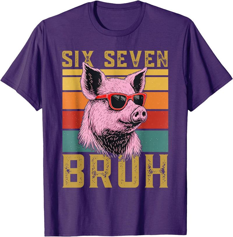 6 7 Pig Funny Animal Apparel Funny Pig 67 6 7 six Seven Meme Animal Retro Design T-Shirt - Purple