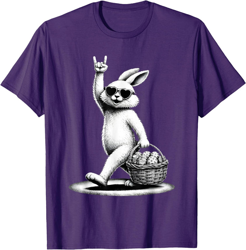 Funny Bunny Rabbit Rock on Men Women Kids Easter Day T-Shirt in Purple