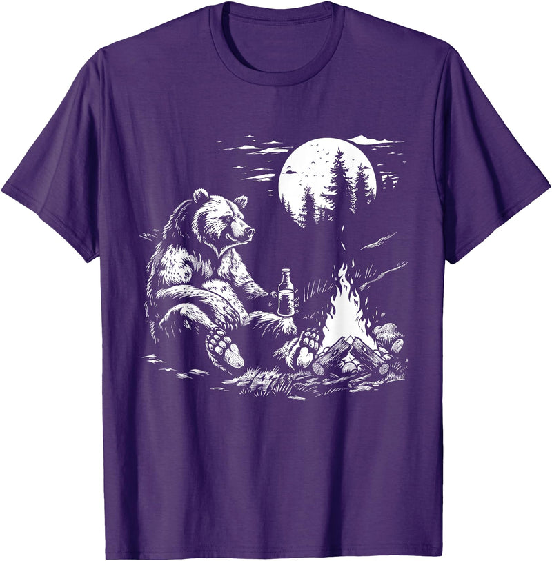Camping Grizzly Bear Camping Bear Drinking Beer Hiking Nature Funny Grizzly Bear T-Shirt - Purple