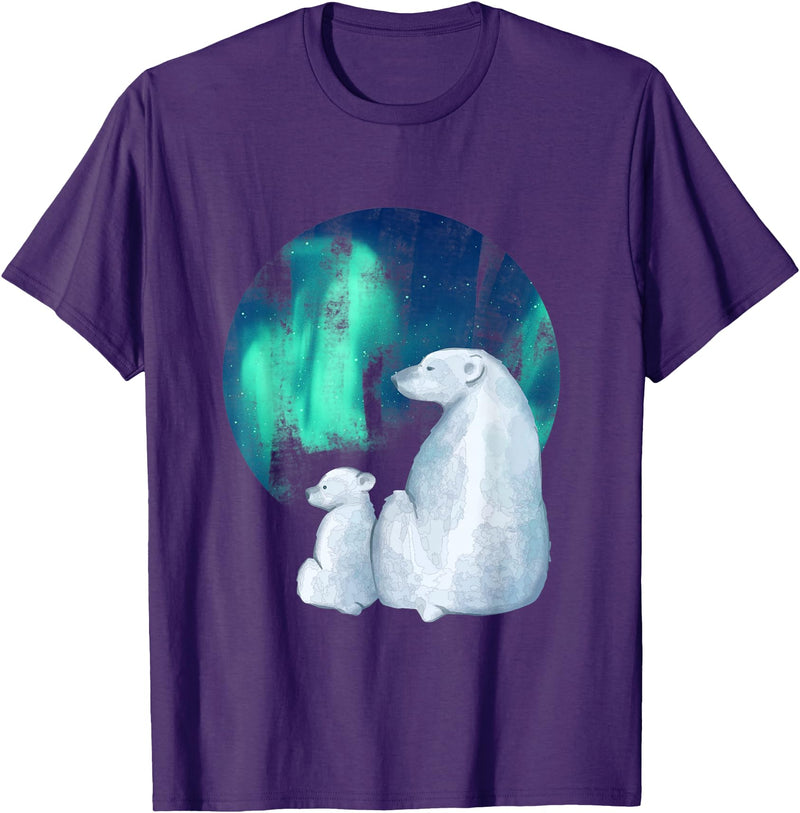 Northern Aurora Borealis Lights Designs Northern Aurora Borealis Lights Cute Polar Mother Bear Cub T-Shirt - Purple