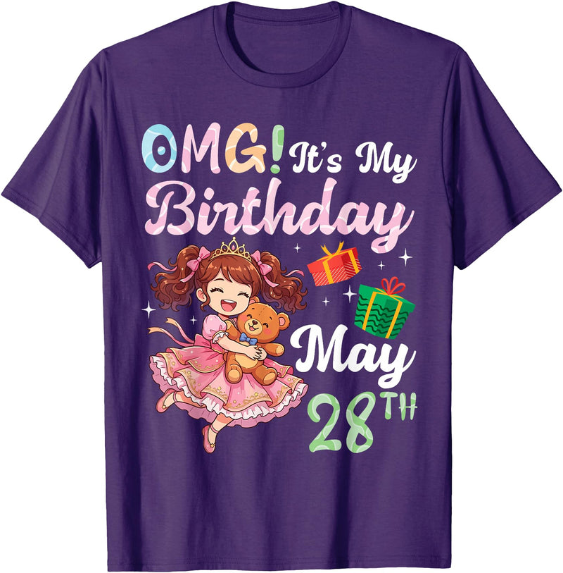 H1Shop Happy Birthday Born On May 28 OMG It's My Birthday Born On May 28th Girl with Present Bear T-Shirt - Purple