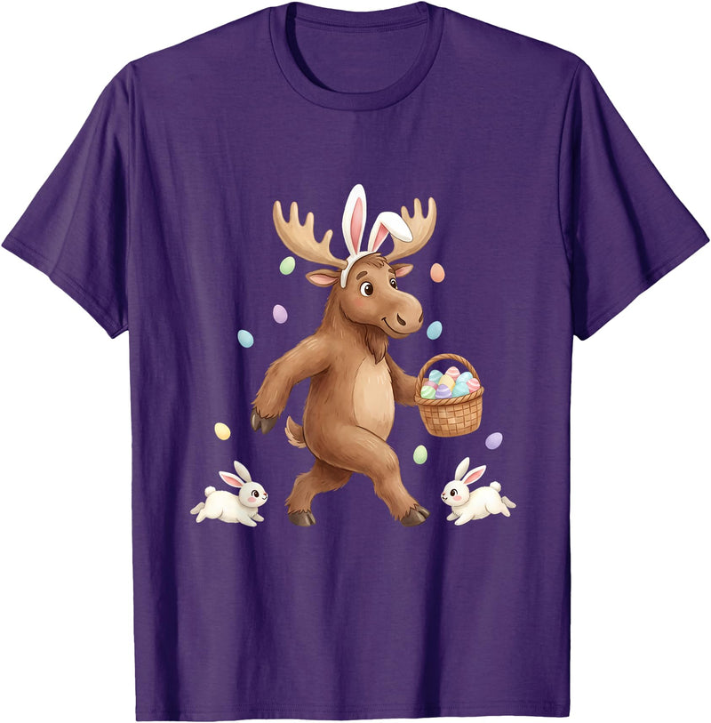Cute Easter Bunny Rabbit with Eggs Whimsical Moose Design T-Shirt in Purple