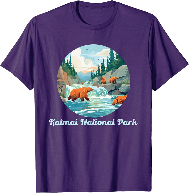 Fun National Parks Alaska Katmai National Park Alaska Brooks Falls Salmon Bears T-Shirt - Purple
