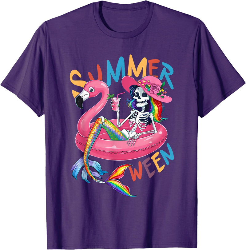 Summer Halloween Summerween Summerween Mermaid Skeleton Flamingo Summer Halloween Women T-Shirt - Purple
