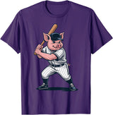 Pig Animal Baseball Lovers Graphic Funny Pig Playing Baseball Artwork Vintage Animal Baseballer T-Shirt - Purple