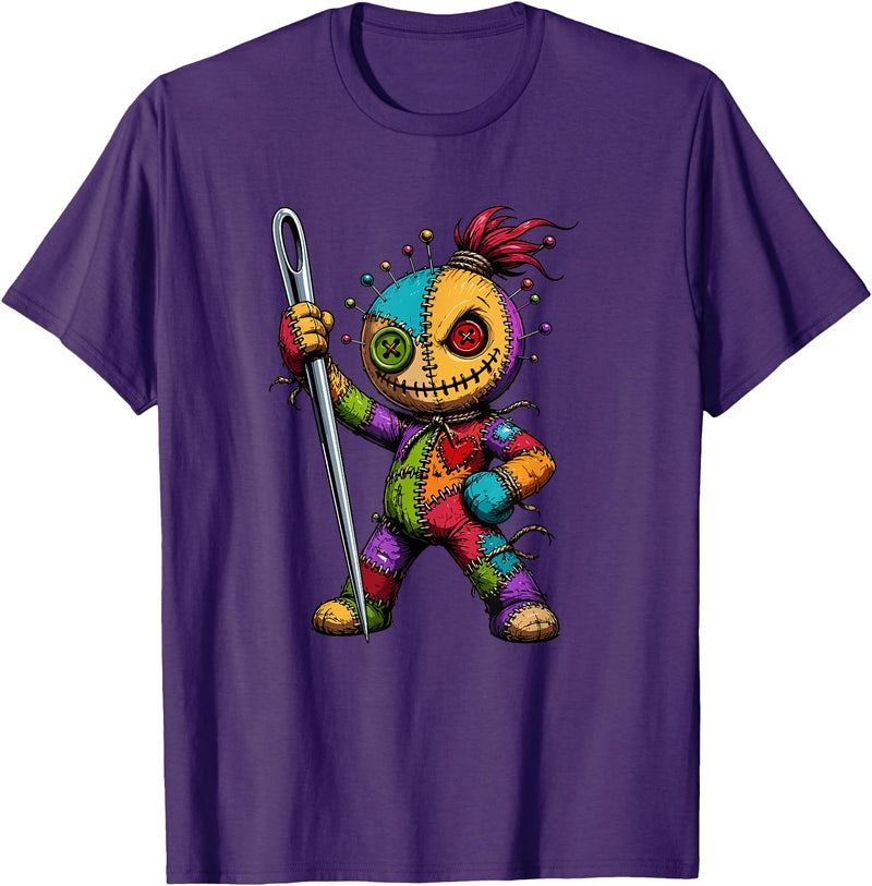Colorful Voodoo Doll Patchwork Horror Halloween Creepy Rainbow Voodoo Doll with Needle Halloween T-Shirt - Purple