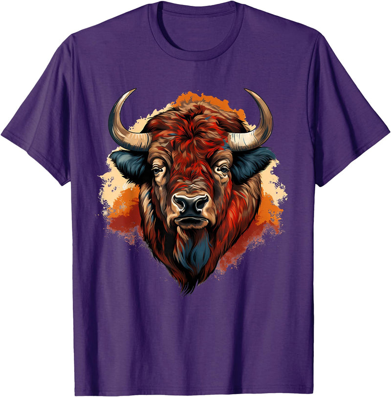 Safari Animal Art Buffalo Portrait Bison Drawing Splash Artwork Animal Print T-Shirt - Purple