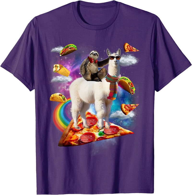 Funny Rainbow Sloth Llama in space Co. Sloth Llama Galaxy Pizza Taco Burrito Rainbow Funny Surreal T-Shirt - Purple