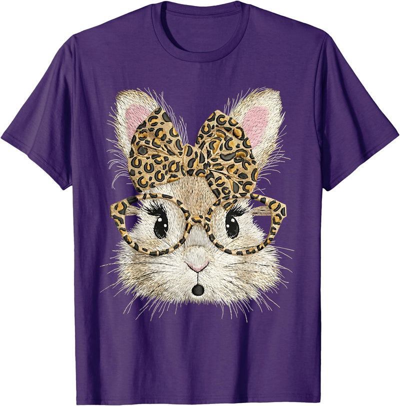 Funny Bunny Face Glasses Bandana Leopard Rabbit Happy Easter T-Shirt in Purple